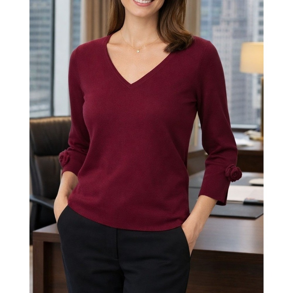 Ann Taylor Silk Blend V-Neck Rosette Cuff Sweater Berry Red Medium 135898 NWOT